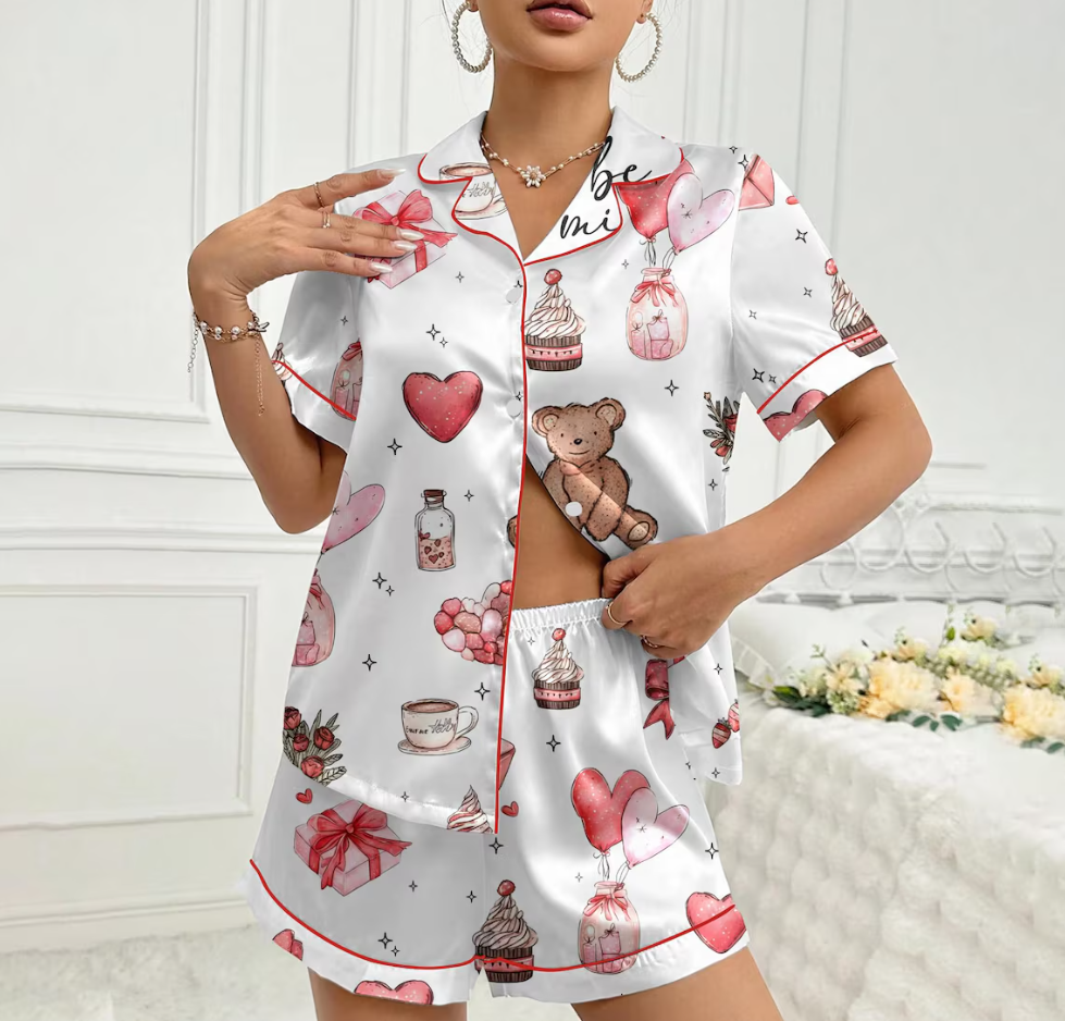 Valentine’s Day Pajama Set for Women – Silky Satin Heart & Gift Print PJs, Soft Long Sleeve Button-Up Sleepwear, Cute Valentine Gift for Her