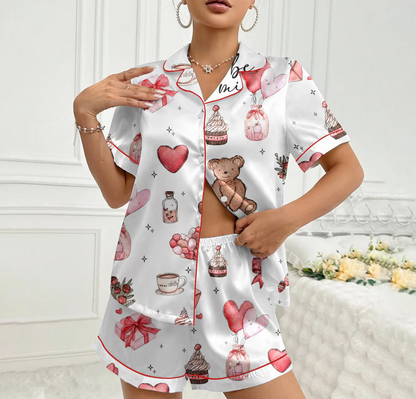 Valentine’s Day Pajama Set for Women – Silky Satin Heart & Gift Print PJs, Soft Long Sleeve Button-Up Sleepwear, Cute Valentine Gift for Her