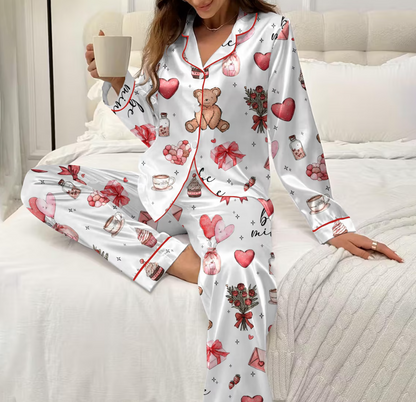 Valentine’s Day Pajama Set for Women – Silky Satin Heart & Gift Print PJs, Soft Long Sleeve Button-Up Sleepwear, Cute Valentine Gift for Her