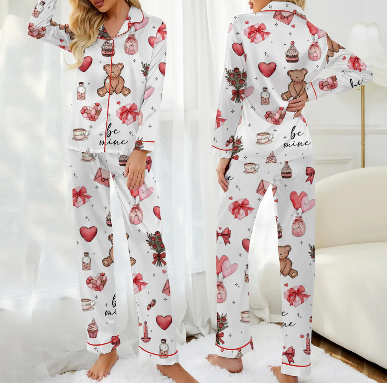 Valentine’s Day Pajama Set for Women – Silky Satin Heart & Gift Print PJs, Soft Long Sleeve Button-Up Sleepwear, Cute Valentine Gift for Her