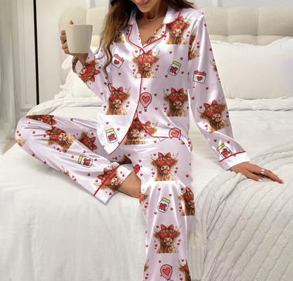Women’s Valentine Cow Pajamas – Cute Highland Cow Satin Sleepwear with Heart Print, Cozy Loungewear Gift for Her