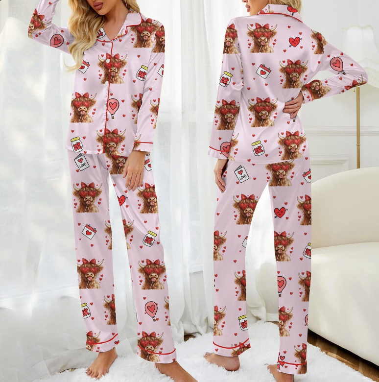 Women’s Valentine Cow Pajamas – Cute Highland Cow Satin Sleepwear with Heart Print, Cozy Loungewear Gift for Her