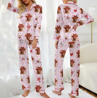 Women’s Valentine Cow Pajamas – Cute Highland Cow Satin Sleepwear with Heart Print, Cozy Loungewear Gift for Her