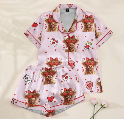 Women’s Valentine Cow Pajamas – Cute Highland Cow Satin Sleepwear with Heart Print, Cozy Loungewear Gift for Her