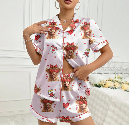 Women’s Valentine Cow Pajamas – Cute Highland Cow Satin Sleepwear with Heart Print, Cozy Loungewear Gift for Her