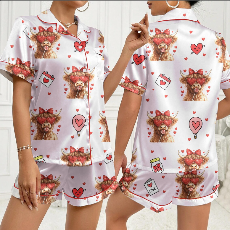 Women’s Valentine Cow Pajamas – Cute Highland Cow Satin Sleepwear with Heart Print, Cozy Loungewear Gift for Her