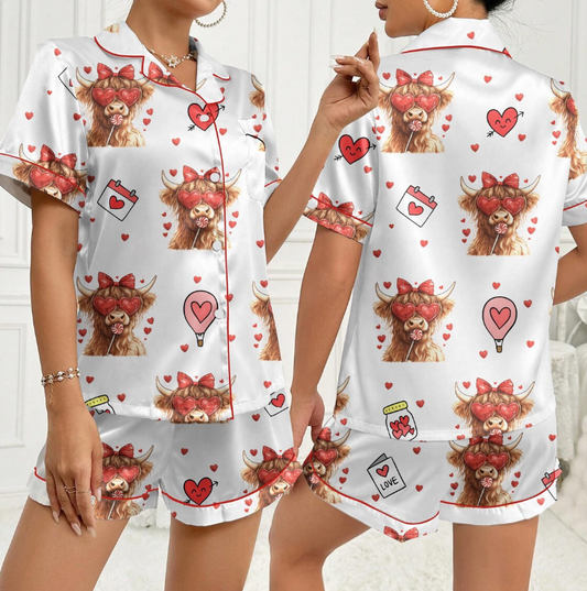 Valentine Highland Cow Pajama Set for Women – Cute Cow Print Satin PJs with Hearts, Cozy Valentine’s Day Gift