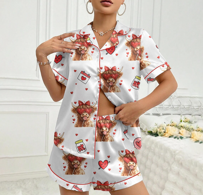 Valentine Highland Cow Pajama Set for Women – Cute Cow Print Satin PJs with Hearts, Cozy Valentine’s Day Gift