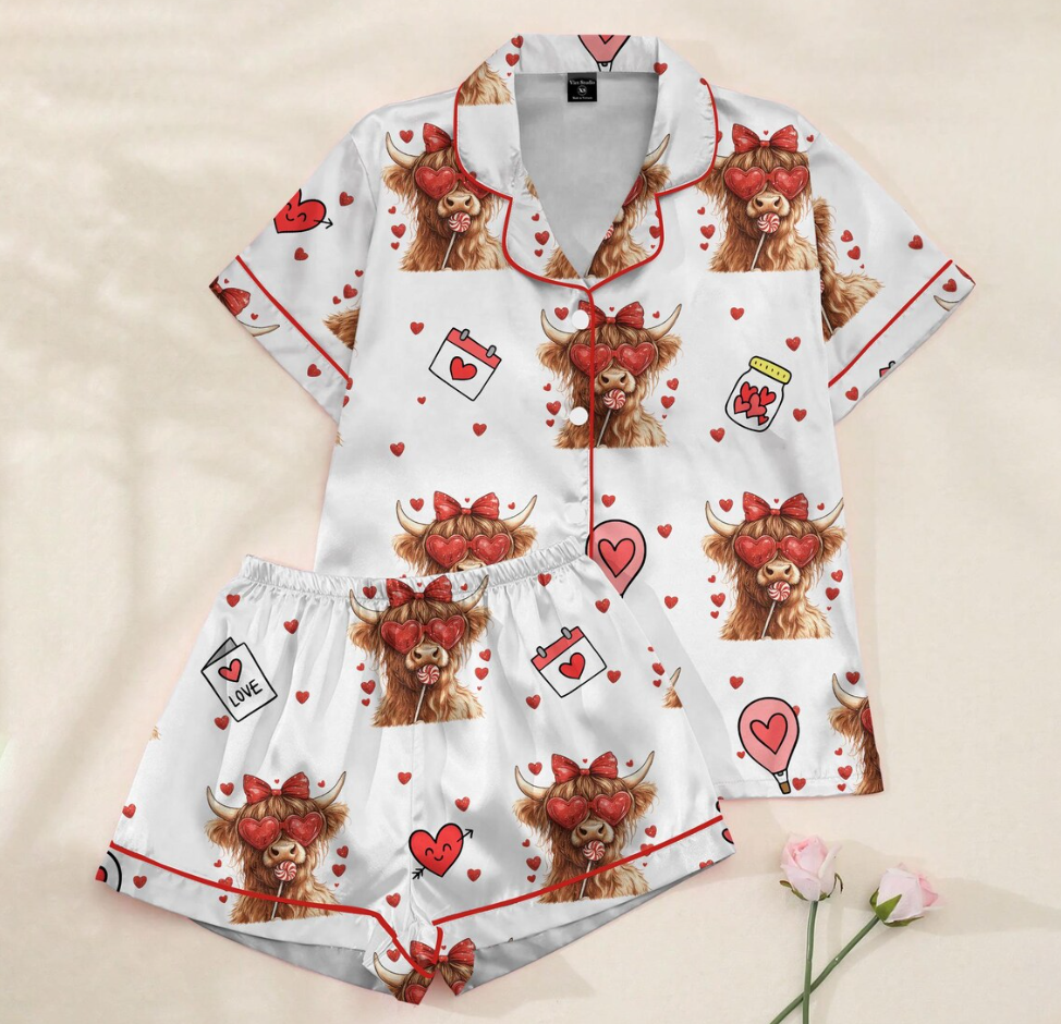 Valentine Highland Cow Pajama Set for Women – Cute Cow Print Satin PJs with Hearts, Cozy Valentine’s Day Gift