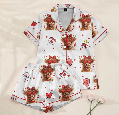 Valentine Highland Cow Pajama Set for Women – Cute Cow Print Satin PJs with Hearts, Cozy Valentine’s Day Gift