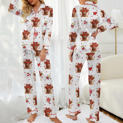 Valentine Highland Cow Pajama Set for Women – Cute Cow Print Satin PJs with Hearts, Cozy Valentine’s Day Gift