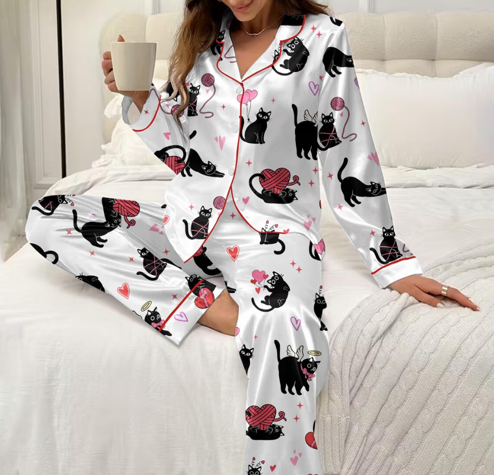 Valentine Cats Pajamas, Cat Lover Pajamas Set, Cat Mom Women Pajamas, Animal Lover Gift, Heart Love Cat Shirt, Gift For Her