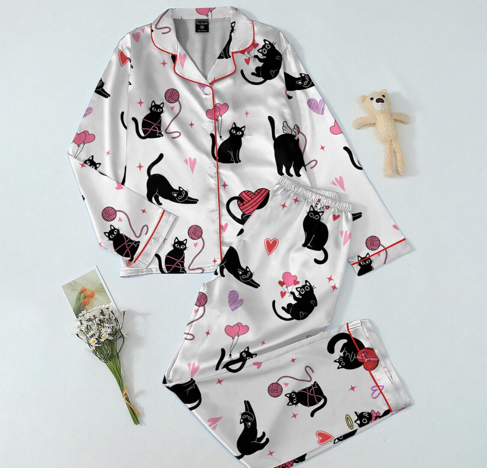 Valentine Cats Pajamas, Cat Lover Pajamas Set, Cat Mom Women Pajamas, Animal Lover Gift, Heart Love Cat Shirt, Gift For Her