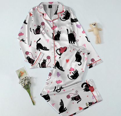 Valentine Cats Pajamas, Cat Lover Pajamas Set, Cat Mom Women Pajamas, Animal Lover Gift, Heart Love Cat Shirt, Gift For Her