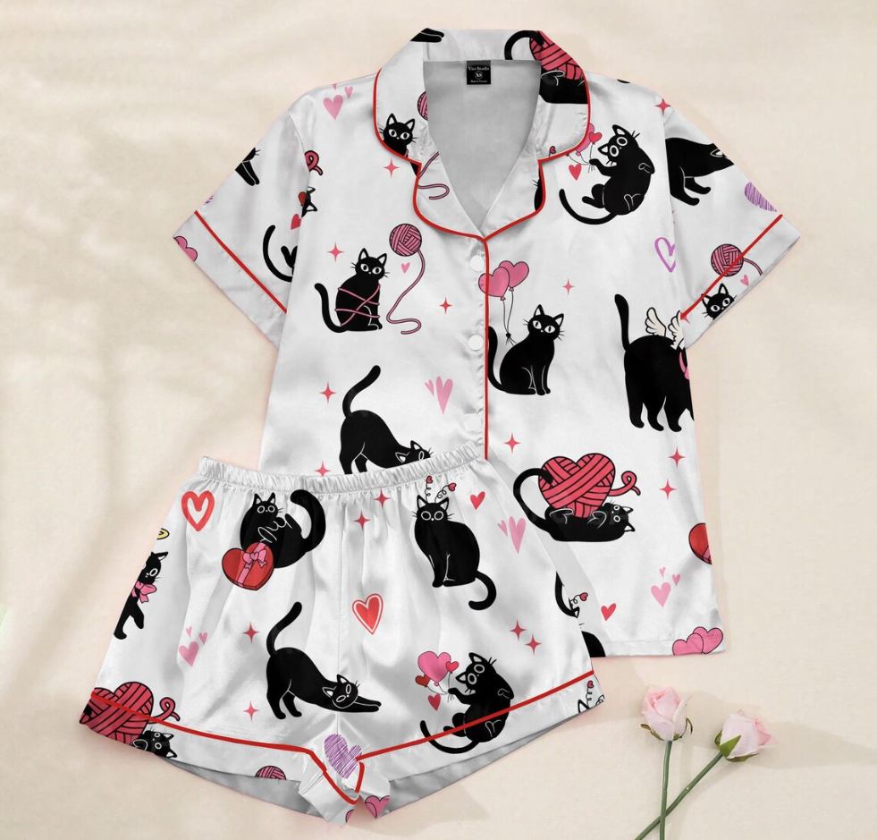 Valentine Cats Pajamas, Cat Lover Pajamas Set, Cat Mom Women Pajamas, Animal Lover Gift, Heart Love Cat Shirt, Gift For Her