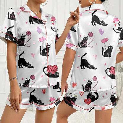Valentine Cats Pajamas, Cat Lover Pajamas Set, Cat Mom Women Pajamas, Animal Lover Gift, Heart Love Cat Shirt, Gift For Her