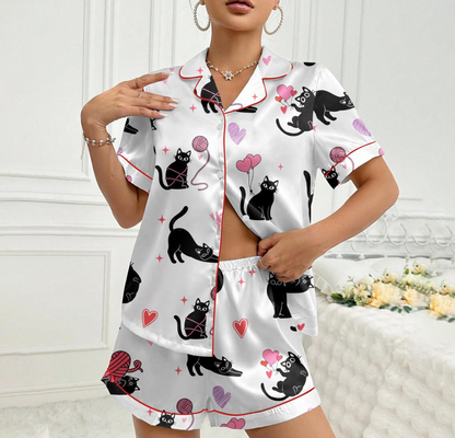 Valentine Cats Pajamas, Cat Lover Pajamas Set, Cat Mom Women Pajamas, Animal Lover Gift, Heart Love Cat Shirt, Gift For Her