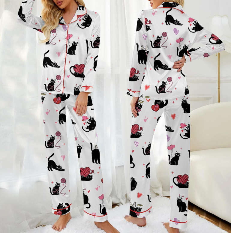 Valentine Cats Pajamas, Cat Lover Pajamas Set, Cat Mom Women Pajamas, Animal Lover Gift, Heart Love Cat Shirt, Gift For Her