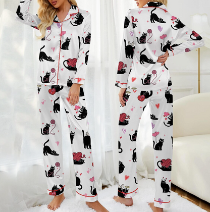Valentine Cats Pajamas, Cat Lover Pajamas Set, Cat Mom Women Pajamas, Animal Lover Gift, Heart Love Cat Shirt, Gift For Her