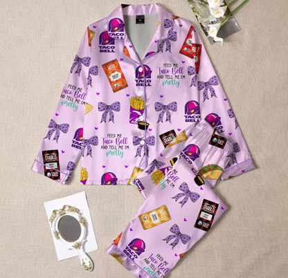 Taco Bell Short Satin Pajamas, Fast Food Sleepwear Set for Women, Silky Lounge Outfit, Food Pajama Shorts, Taco Bell Fan Gifts