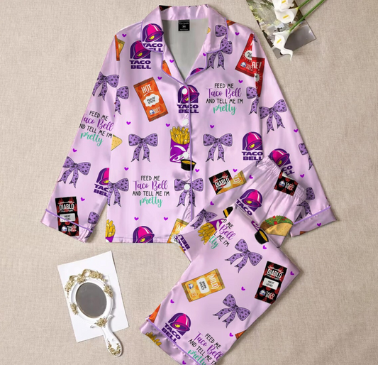 Taco Bell Short Satin Pajamas, Fast Food Sleepwear Set for Women, Silky Lounge Outfit, Food Pajama Shorts, Taco Bell Fan Gifts