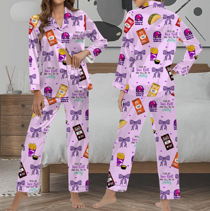 Taco Bell Short Satin Pajamas, Fast Food Sleepwear Set for Women, Silky Lounge Outfit, Food Pajama Shorts, Taco Bell Fan Gifts