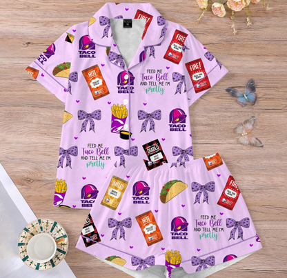 Taco Bell Short Satin Pajamas, Fast Food Sleepwear Set for Women, Silky Lounge Outfit, Food Pajama Shorts, Taco Bell Fan Gifts