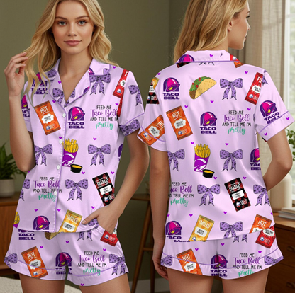 Taco Bell Short Satin Pajamas, Fast Food Sleepwear Set for Women, Silky Lounge Outfit, Food Pajama Shorts, Taco Bell Fan Gifts