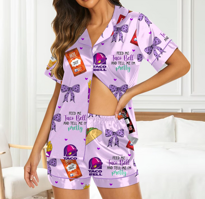 Taco Bell Short Satin Pajamas, Fast Food Sleepwear Set for Women, Silky Lounge Outfit, Food Pajama Shorts, Taco Bell Fan Gifts