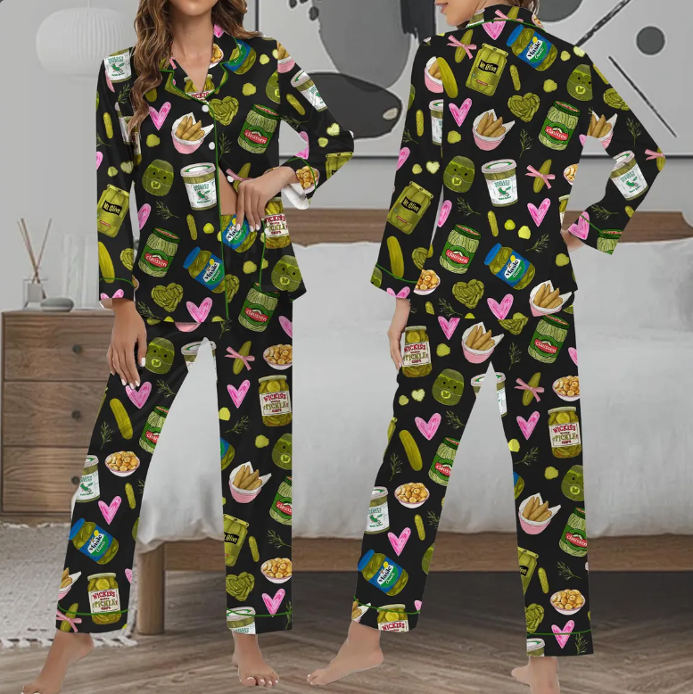 Pickle Lover Short Satin PJs Set, Pickle Lover Shorts Pajamas, Pickle Short Pajama Set, Women Satin Pajama, Gift for Her