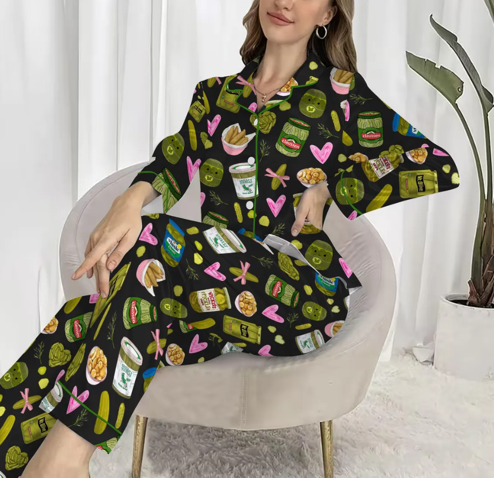 Pickle Lover Short Satin PJs Set, Pickle Lover Shorts Pajamas, Pickle Short Pajama Set, Women Satin Pajama, Gift for Her