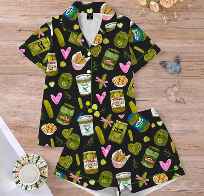 Pickle Lover Short Satin PJs Set, Pickle Lover Shorts Pajamas, Pickle Short Pajama Set, Women Satin Pajama, Gift for Her