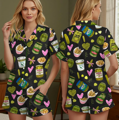 Pickle Lover Short Satin PJs Set, Pickle Lover Shorts Pajamas, Pickle Short Pajama Set, Women Satin Pajama, Gift for Her