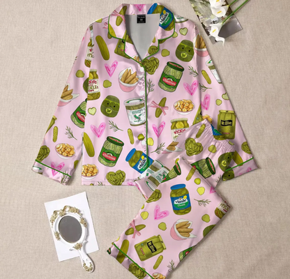 Pickle Lover Short Satin PJs Set, Pickle Lover Shorts Pajamas, Pickle Short Pajama Set, Women Satin Pajama, Gift for Her