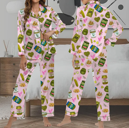 Pickle Lover Short Satin PJs Set, Pickle Lover Shorts Pajamas, Pickle Short Pajama Set, Women Satin Pajama, Gift for Her