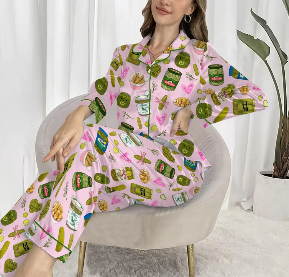 Pickle Lover Short Satin PJs Set, Pickle Lover Shorts Pajamas, Pickle Short Pajama Set, Women Satin Pajama, Gift for Her