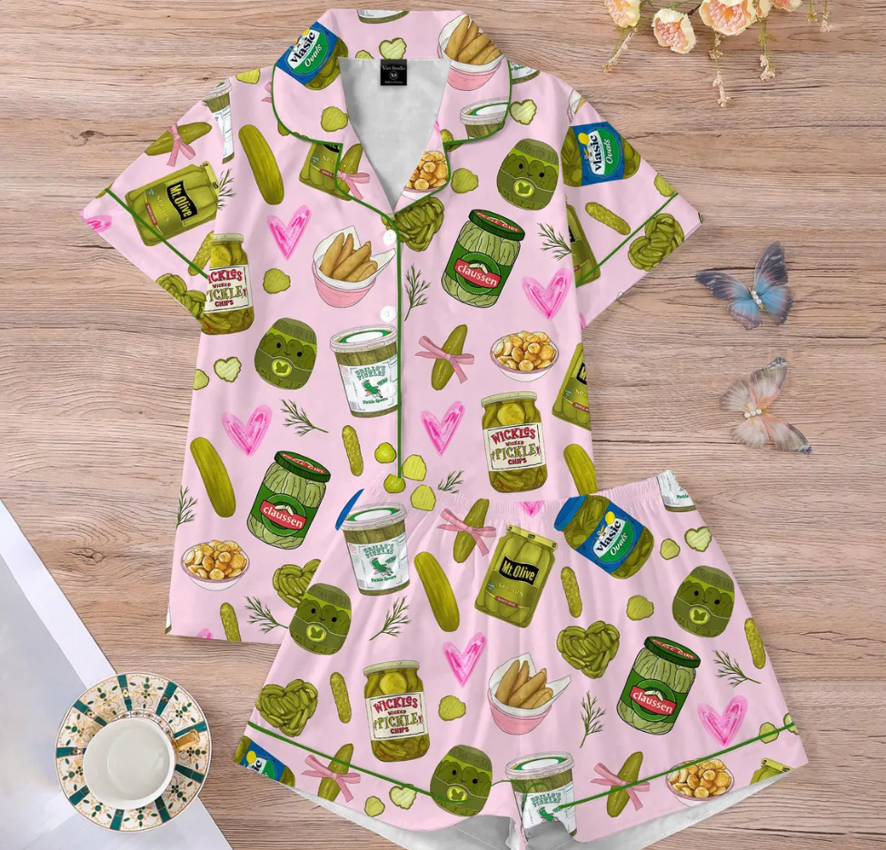 Pickle Lover Short Satin PJs Set, Pickle Lover Shorts Pajamas, Pickle Short Pajama Set, Women Satin Pajama, Gift for Her