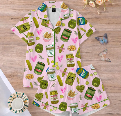 Pickle Lover Short Satin PJs Set, Pickle Lover Shorts Pajamas, Pickle Short Pajama Set, Women Satin Pajama, Gift for Her