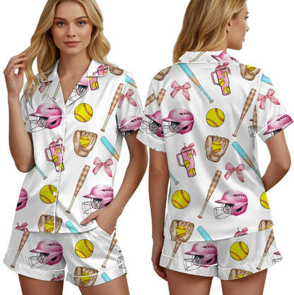 Baseball Coquette Pajamas Satin Set, Game Day Baseball Shirt,Mother's Day Gift, Birthday Gift, Gift For Her, Bridesmaid Gifts, Women Gift