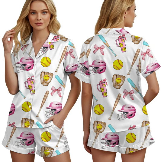 Baseball Coquette Pajamas Satin Set, Game Day Baseball Shirt,Mother's Day Gift, Birthday Gift, Gift For Her, Bridesmaid Gifts, Women Gift