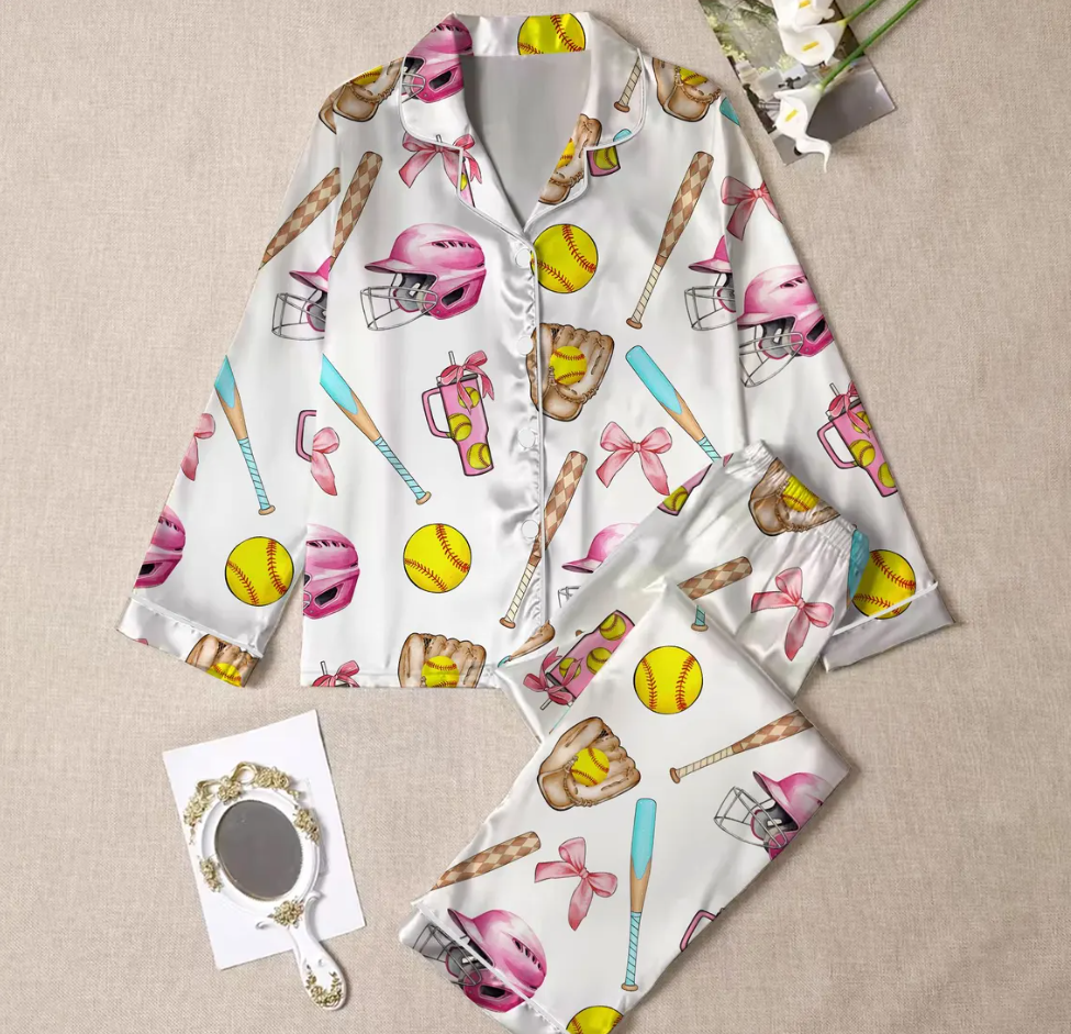Baseball Coquette Pajamas Satin Set, Game Day Baseball Shirt,Mother's Day Gift, Birthday Gift, Gift For Her, Bridesmaid Gifts, Women Gift