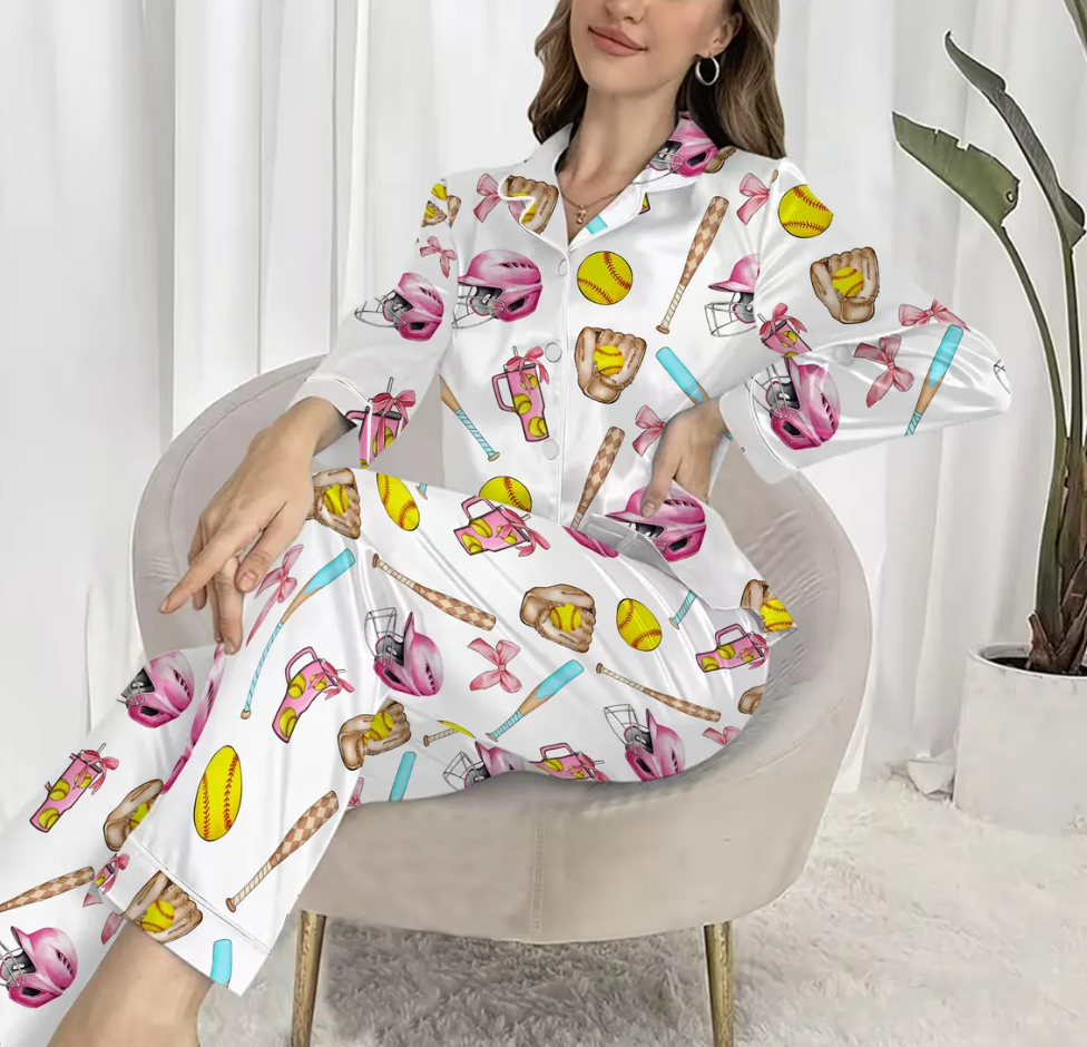 Baseball Coquette Pajamas Satin Set, Game Day Baseball Shirt,Mother's Day Gift, Birthday Gift, Gift For Her, Bridesmaid Gifts, Women Gift