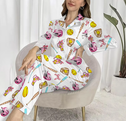 Baseball Coquette Pajamas Satin Set, Game Day Baseball Shirt,Mother's Day Gift, Birthday Gift, Gift For Her, Bridesmaid Gifts, Women Gift