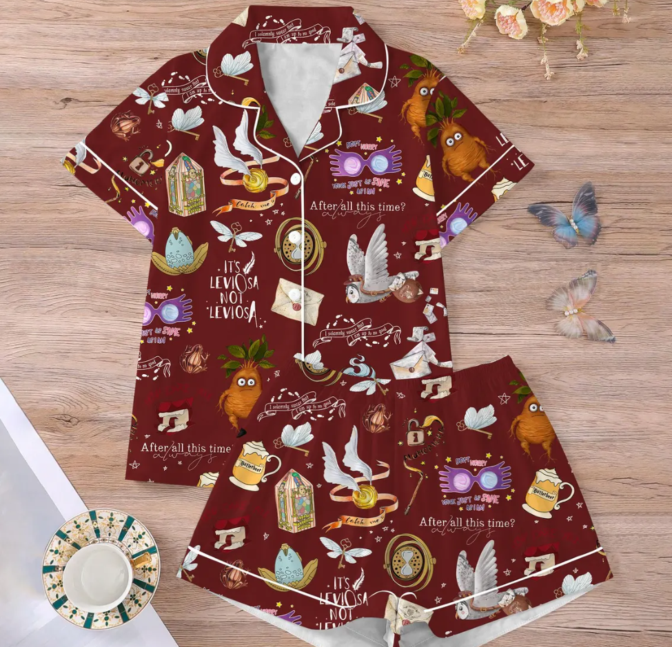 Magic Inspired Pajama Set, Leviosa Quotes, Owls, Spells & Wizard Icons, Cozy Women’s Silk PJs, Cute Wizarding Nightwear Gift,HP Silk Pajamas