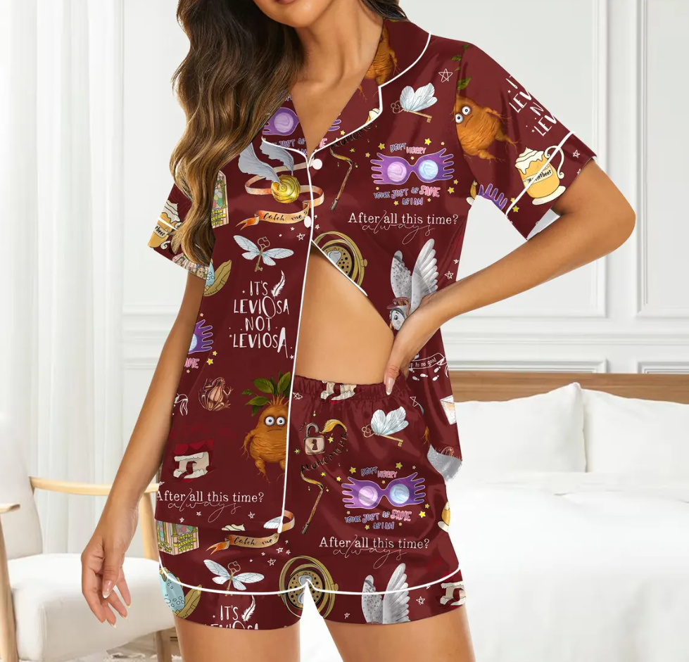 Magic Inspired Pajama Set, Leviosa Quotes, Owls, Spells & Wizard Icons, Cozy Women’s Silk PJs, Cute Wizarding Nightwear Gift,HP Silk Pajamas