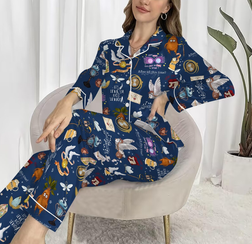 Magic Inspired Pajama Set, Leviosa Quotes, Owls, Spells & Wizard Icons, Cozy Women’s Silk PJs, Cute Wizarding Nightwear Gift,HP Silk Pajamas