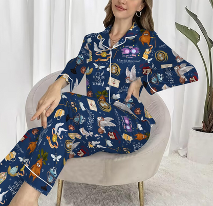 Magic Inspired Pajama Set, Leviosa Quotes, Owls, Spells & Wizard Icons, Cozy Women’s Silk PJs, Cute Wizarding Nightwear Gift,HP Silk Pajamas