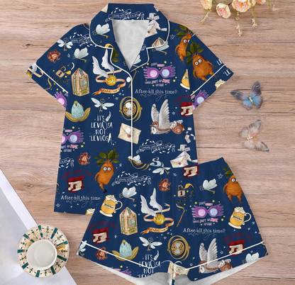 Magic Inspired Pajama Set, Leviosa Quotes, Owls, Spells & Wizard Icons, Cozy Women’s Silk PJs, Cute Wizarding Nightwear Gift,HP Silk Pajamas