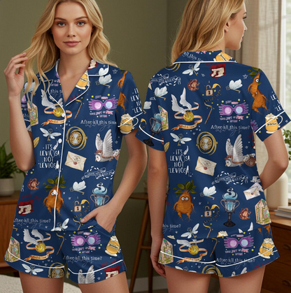 Magic Inspired Pajama Set, Leviosa Quotes, Owls, Spells & Wizard Icons, Cozy Women’s Silk PJs, Cute Wizarding Nightwear Gift,HP Silk Pajamas