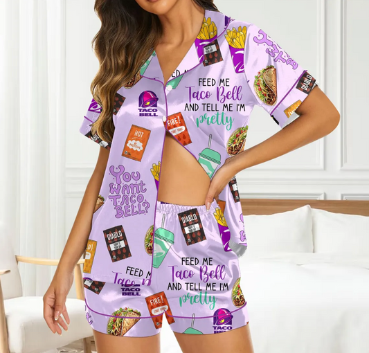 Taco Bell Short Satin Pajamas, Fast Food Sleepwear Set for Women, Silky Lounge Outfit, Food Pajama Shorts, Taco Bell Fan Gifts